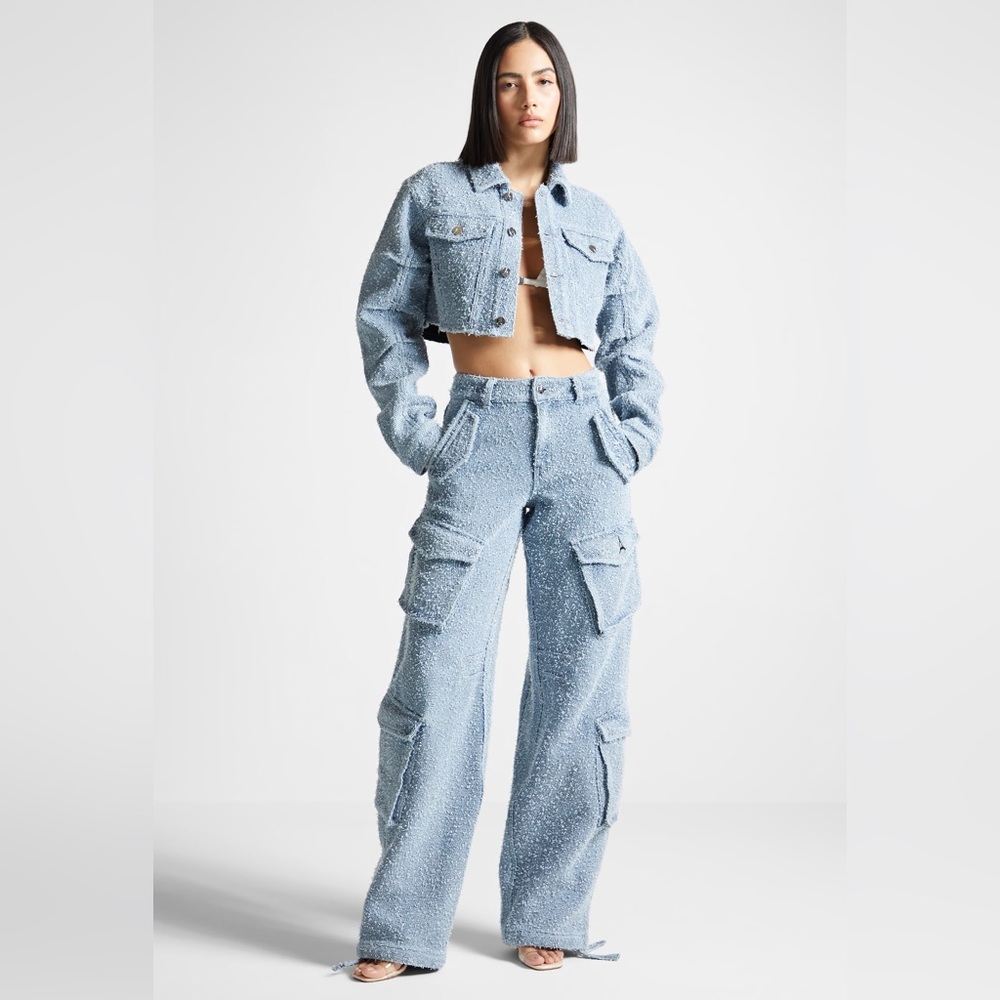 Maniere de Voir High Waisted Boucle Denim Cargo Pants Mid Blue